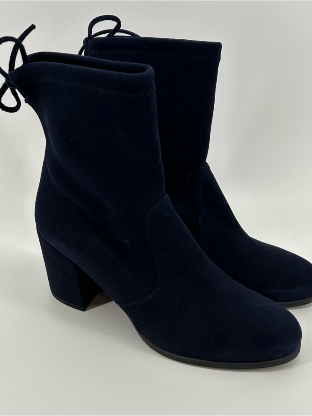Stuart Weitzman Navy Suede Block Heel Booties - Glove Tie-Back